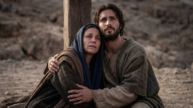 Apostle John comforting Mary at the foot of the cross on Golgotha. Biblical scene of the mother of Jesus mourning her son during the crucifixion. Religious concept of Good Friday.