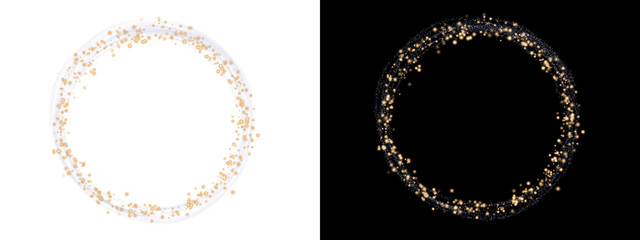 Gold magic light circle frame. Abstract glowing glitter dust border with sparkles on black and transparent background for holiday luxury design.