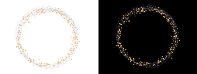 Gold magic light circle frame. Abstract glowing glitter dust border with sparkles on black and transparent background for holiday luxury design.