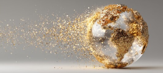 World glowing in golden sparkling light with copy space, realistic stock photography concept of global connection and hope