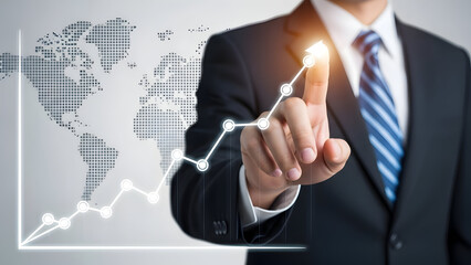 Businessman interacting with global growth graph on modern interface