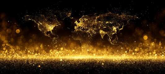 World glowing in golden sparkling light with copy space, realistic stock photography concept of global connection and hope