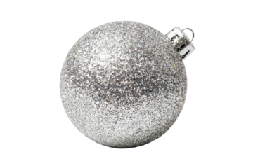 A single, silver, glittering Christmas ornament, on a black background, with a metal cap