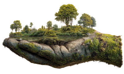 A colossal hand cradles a miniature landscape of trees, water, and earth, a symbol of care