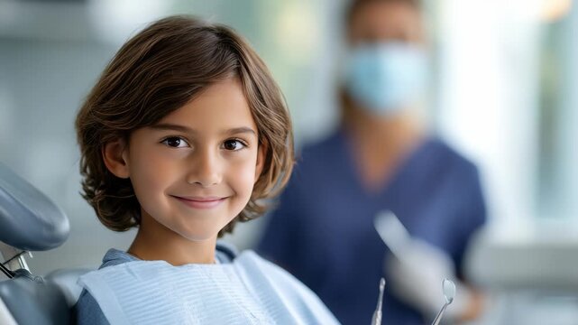 Smiling young child sitting in a modern dental clinic chair, looking confident and happy before a dental checkup. Dentist in the background wears a mask and blue uniform