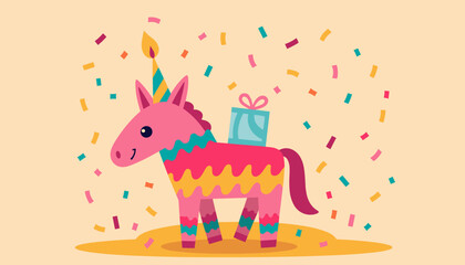 Naklejka premium Cartoon unicorn piñata with gift celebrating birthday party 