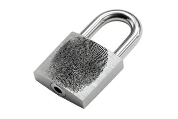 3D rendered padlock featuring a fingerprint on the face, with shiny metallic finish