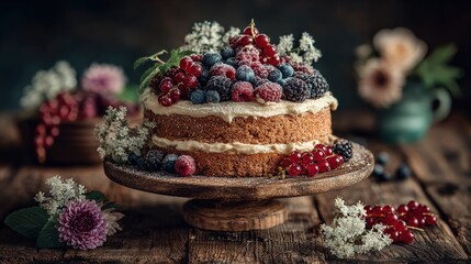 Rustic birthday cake with naked frosting fresh berries and a wooden cake stand cozy countryside vibe
