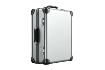 A metallic, upright suitcase, with black corner reinforcements and handle, set against a black backdrop