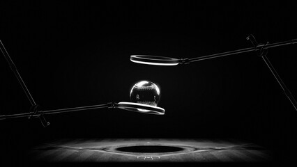 Modern mixed media of crystal baseball floating above field under studio lights. Concept of sports technology testing, performance analytics, and experimental equipment for sport innovation.
