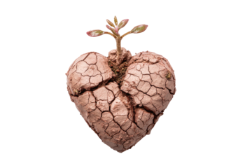 A heart-shaped form crafted from cracked earth, sprouting a green and red plant