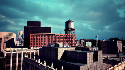 Obraz premium Towering buildings create a striking urban landscape under a dramatic sky. A vintage water tower stands out against modern architecture, capturing the essence of city life.