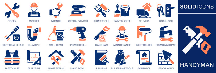 Handyman and home repair icons collection. Representing construction tools, maintenance services, renovation work, plumbing, electrical repair, painting, and building tasks. Solid vector icons set.