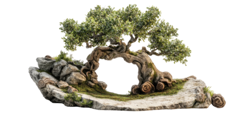 A detailed image of a stylized tree with green foliage, grown on a rocky platform, with a hole