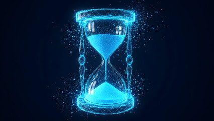 Glowing blue hourglass with sparkling digital particles flowing