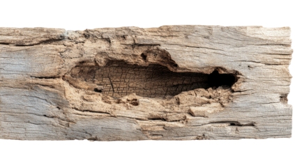 Close-up of weathered, decaying wood plank featuring a large, irregular hole