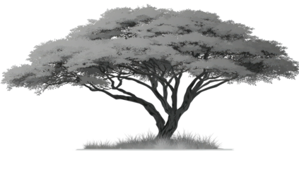 Monochrome illustration of a sprawling tree with dense foliage, on a transparent background
