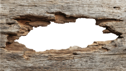 Close-up of weathered wood with a large, irregular hole, revealing a dark void