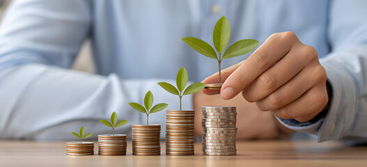 Person placing small plant on top of stack of coins on wooden table indoors