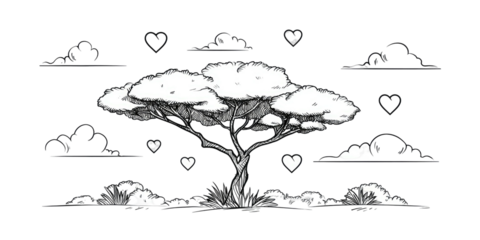 Black and white minimalist illustration of a tree with clouds and hearts against a dark background