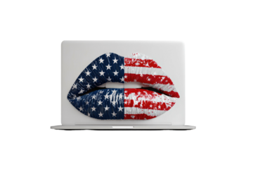 A laptop displays open lips painted with the American flag, blending tech & patriotism