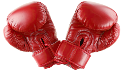 Pair of vibrant red boxing gloves, leather texture, isolated on a transparent background