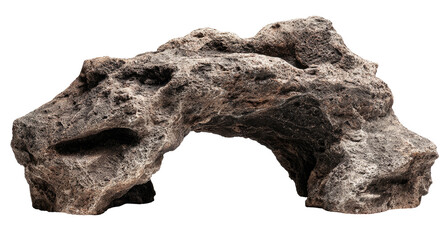 Close-up of a weathered, textured gray rock formation with a natural arch and irregular edges