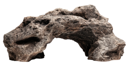 Close-up of a weathered, textured gray rock formation with a natural arch and irregular edges