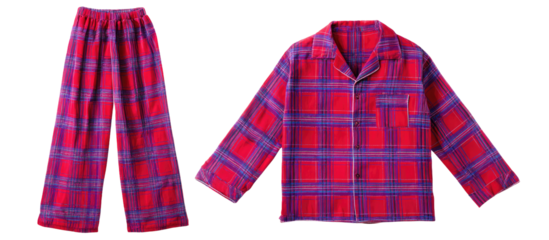 A cozy red and blue plaid pajama set, comprising a long-sleeved shirt and matching pants