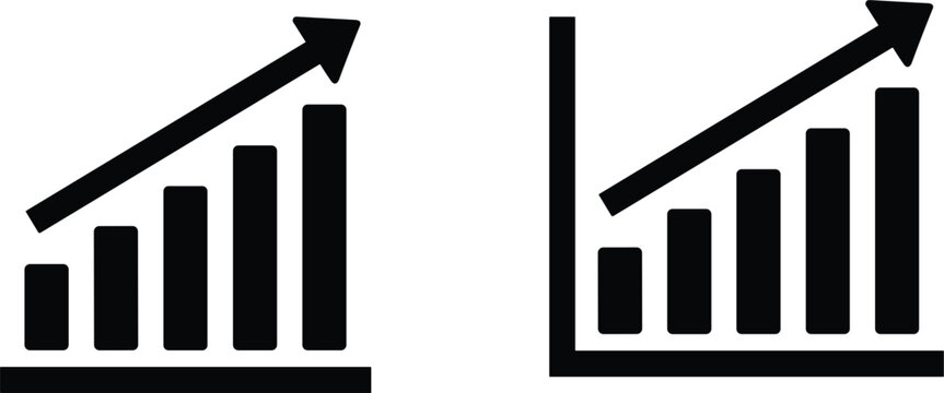 Professional black solid bar chart icon set featuring upward trending arrows for financial growth and business data analysis.