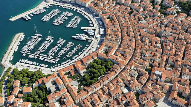 Aerial view of a coastal city with a large marina filled with boats and tightly packed red-roofed buildings - Powered by Adobe