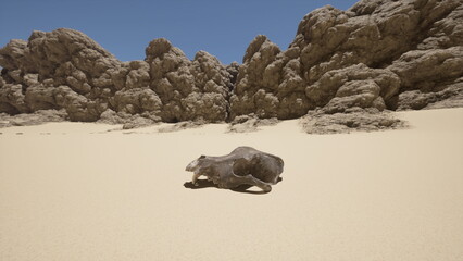 A stark desert scene features a skull resting on the sunbaked sand, surrounded by rugged, weathered...