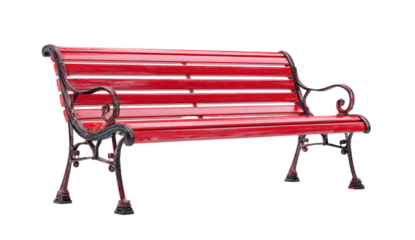 A vibrant, detailed illustration of a red park bench isolated against a stark black background
