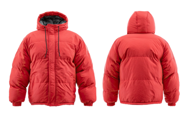 Front and back views of a puffy red hooded winter jacket isolated on a black background
