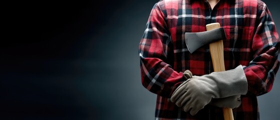 Lumberjack holding axe in plaid shirt against dark background with room for text on the side