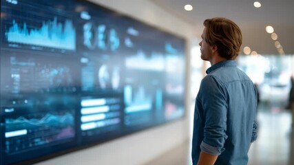 A young professional stands in front of a large digital screen displaying complex data analytics and futuristic graphs. He analyzes financial statistics in a modern office environment - Powered by Adobe