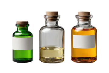 Three small glass vials filled with colorful liquid and capped with corks, against a dark backdrop