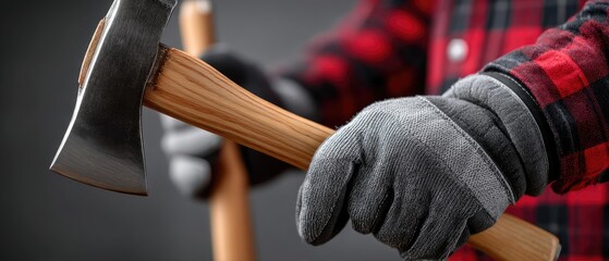 Lumberjack holding axe in red and black plaid shirt on dark background, ready for work, showcasing craftsmanship and strength, with space for text