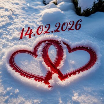 Valentine s day and two painted hearts in the snow and ice 14.02.2026