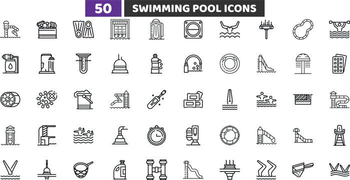 Swimming Pool Equipment and Maintenance Icons Set, Water Cleaning Pump and Service Vector Collection