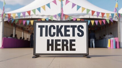 Tickets here sign at entrance of colorful outdoor event tent with bunting flags and festive atmosphere with festival and celebration and signage and party with funfair