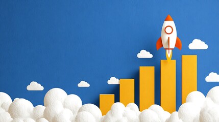 A rocket taking off from a rising bar graph, symbolizing growth and success against a blue sky
