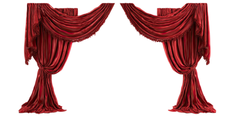 Rich, draped crimson curtains, symmetrically arranged, with complex folds against a solid black background