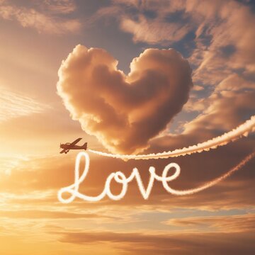 A fluffy heart-shaped cloud in a golden hour sky.
A tiny airplane leaving a trail that writes "LOVE" in the sky.