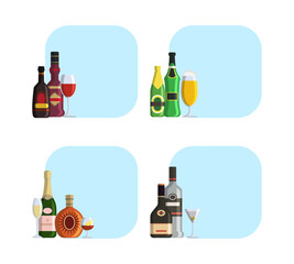 Alcoholic drinks. background with set of flat illustrations bottles and place for text