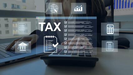 Tax calculation and financial accounting concept. Online taxes, VAT, income, budget planning and digital finance management.