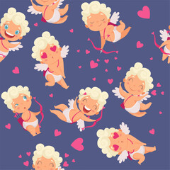 Cupidon character. st valentine day seamless background template with love symbols