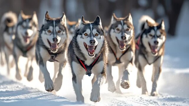 sled dogs, snow, winter, huskies, dog team video