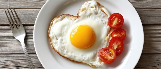 Fried egg shaped like a heart with cheese and tomato on a white plate on a wooden table for a special occasion