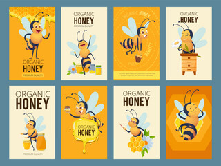 Fototapeta premium Honey cards. bees characters in cartoon style on banners for print design